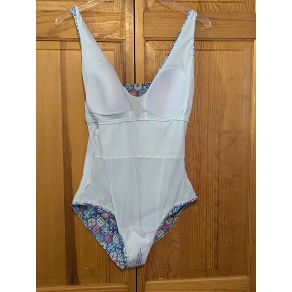 Bal Barbour Womens‎ Swimsuit 14 One Piece V Neck, Blue & White Geometric - Picture 10 of 16